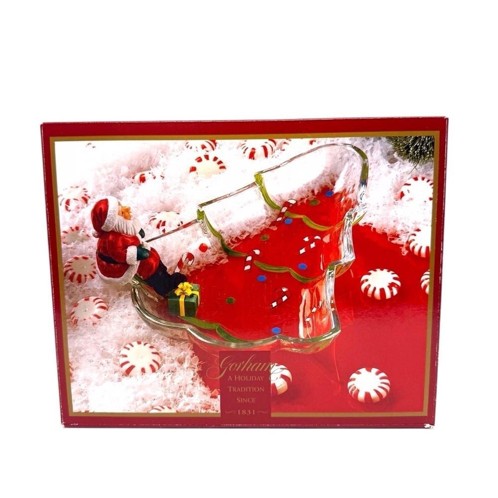 Gorham Tree Candy Dish 8” with sitting Santa Red & Green Christmas EUC